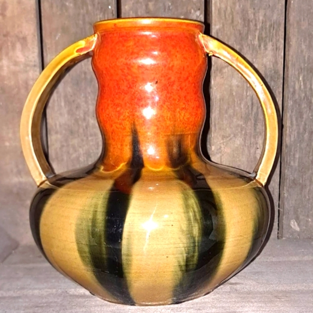 Vintage 8" AWAJI Japanese Orange Black  Deco Art Pottery Double Handled Vase